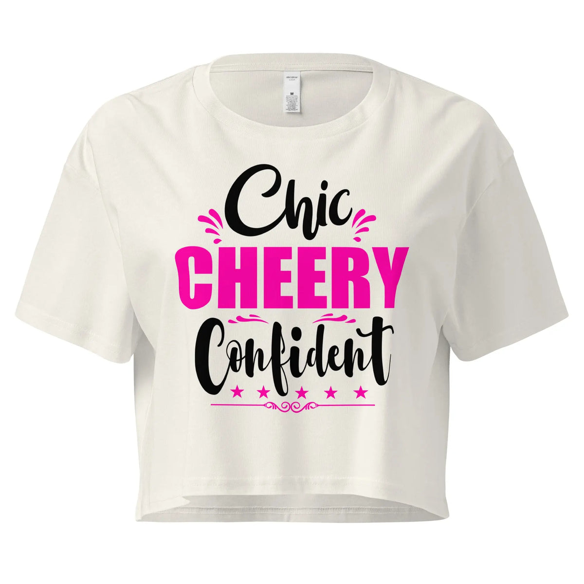 Ecru Women’s crop tee with Chic, Cheery, Confident graphic design