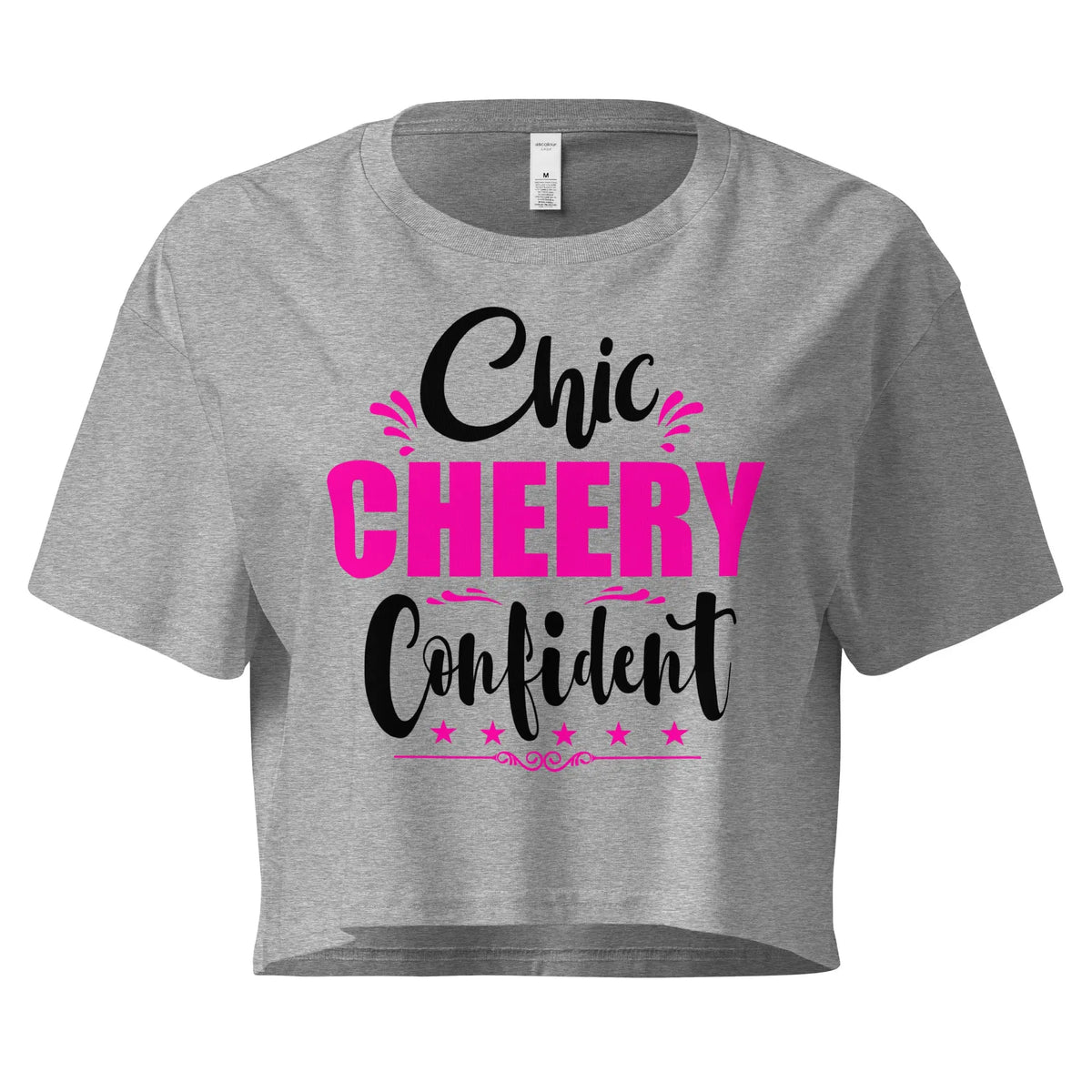 Heather Women’s crop tee with Chic, Cheery, Confident graphic design
