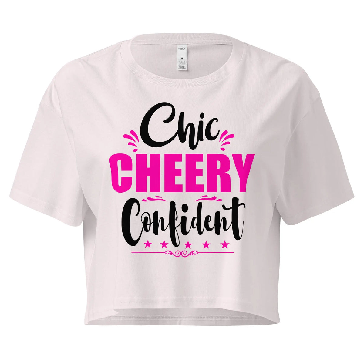 Orchid Women’s crop tee with Chic, Cheery, Confident graphic design