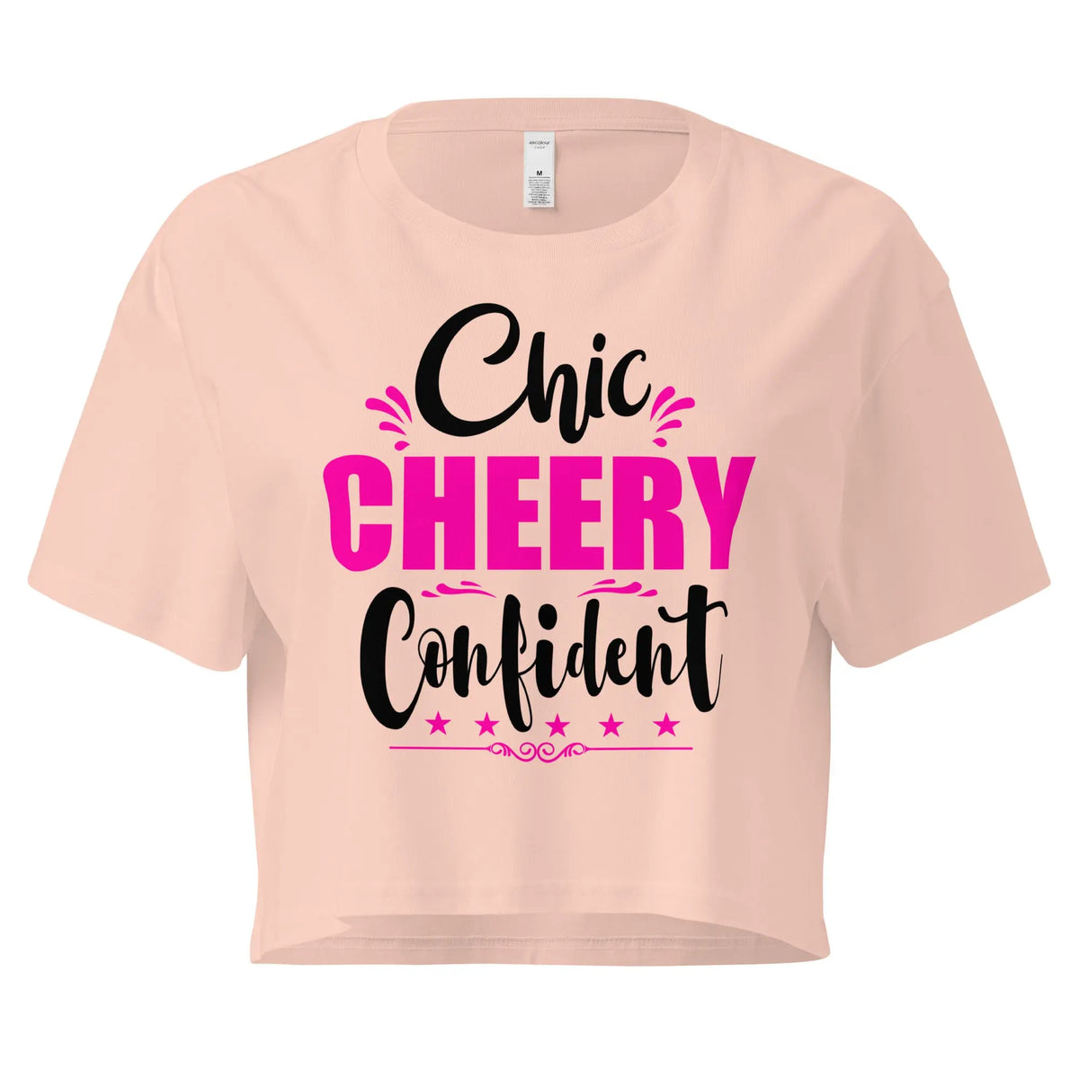 Pale Pink Women’s crop tee with Chic, Cheery, Confident graphic design