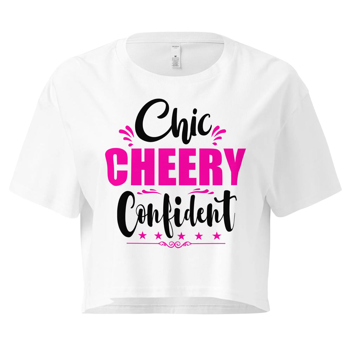 White Women’s crop tee with Chic, Cheery, Confident graphic design
