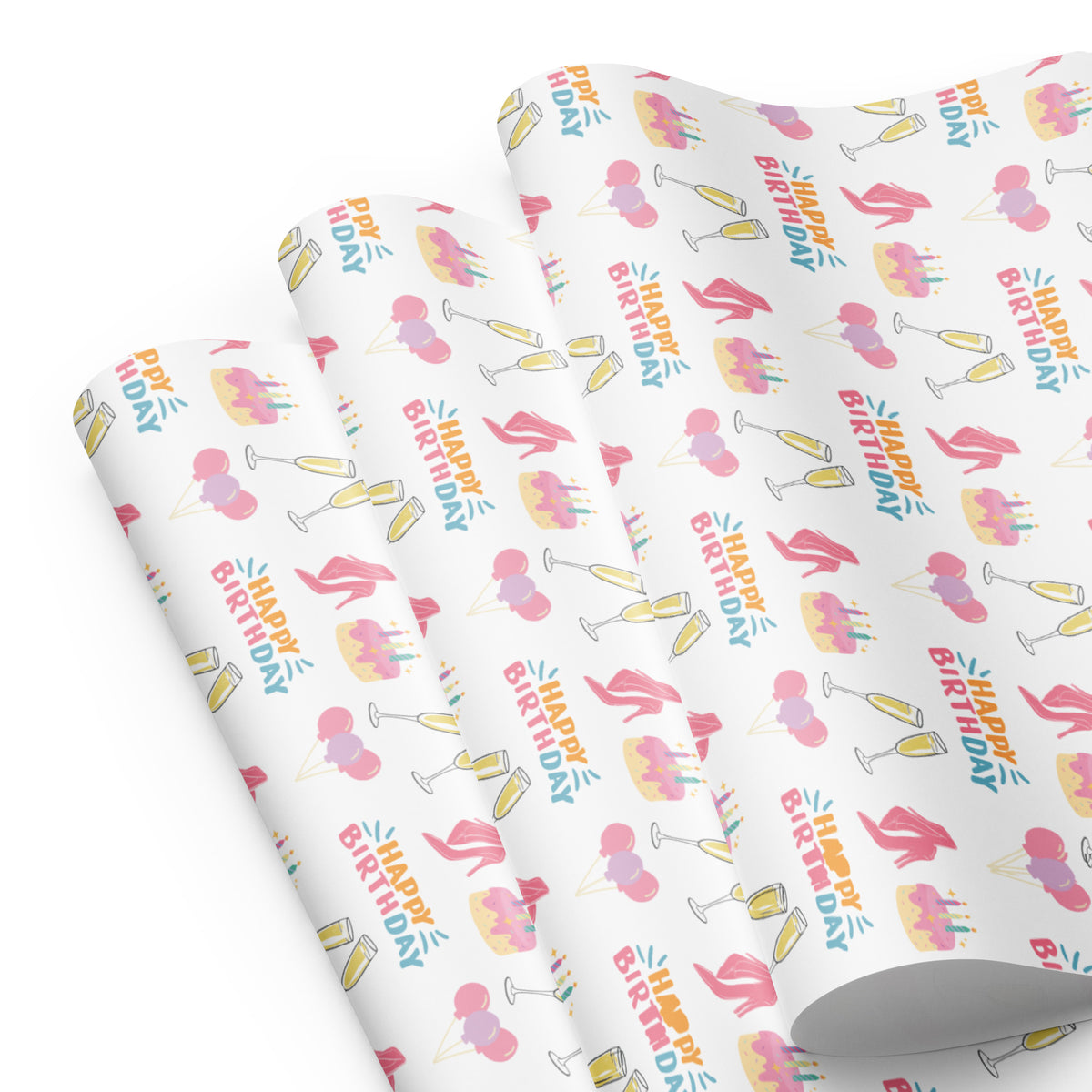 White birthday wrapping paper with pink heels, cakes, balloons, champagne glasses, and colorful Happy Birthday lettering