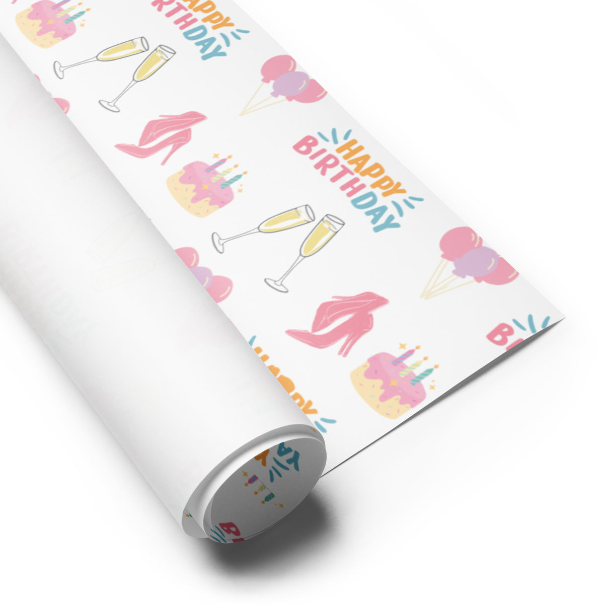 White birthday wrapping paper with pink heels, cakes, balloons, champagne glasses, and colorful Happy Birthday lettering