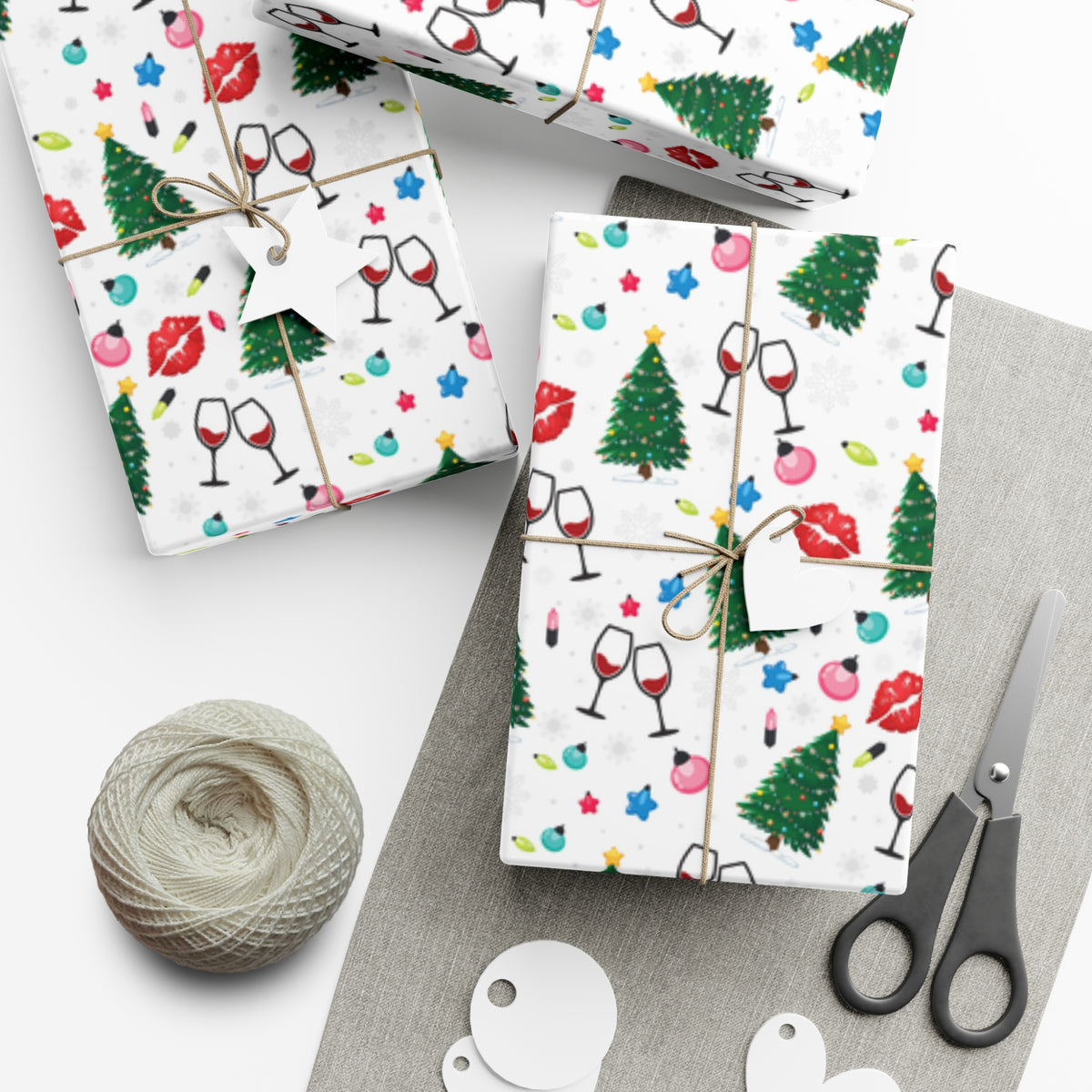 Christmas Trees, Kisses, and Wine White Gift Wrapping  Papers