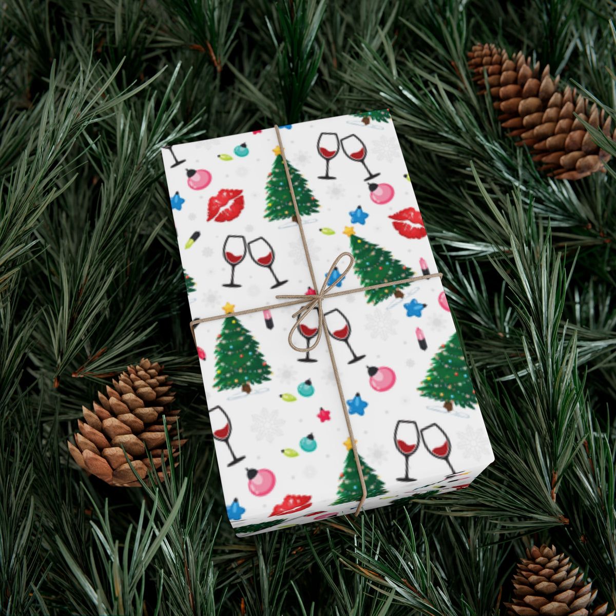 Christmas Trees, Kisses, and Wine White Gift Wrapping  Papers