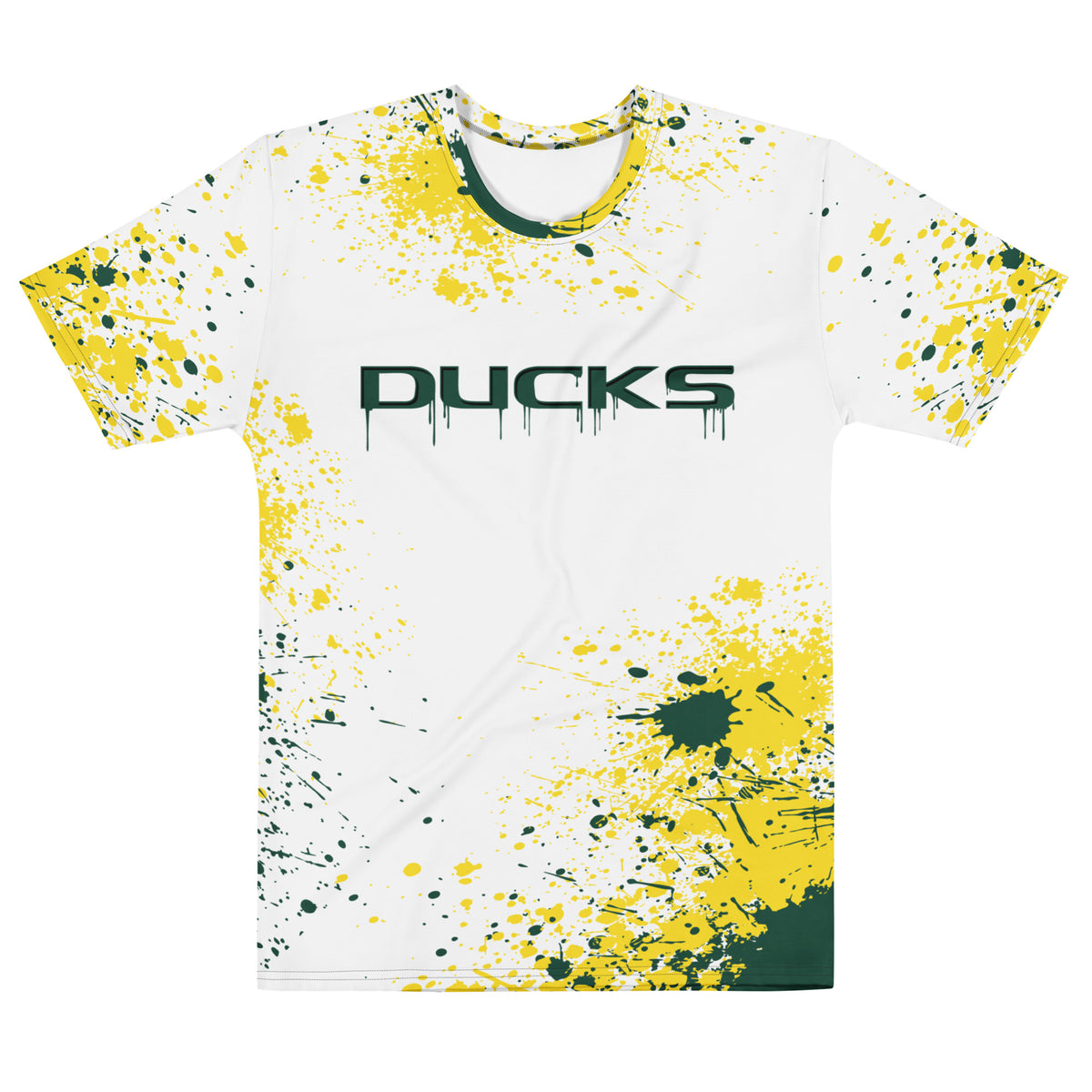 Green and yellow Ducks-inspired splatter T-shirt featuring an all-over paint drip and splash design