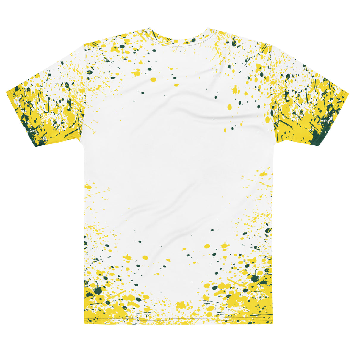 The back of a Green and yellow Ducks-inspired splatter T-shirt featuring an all-over paint drip and splash design