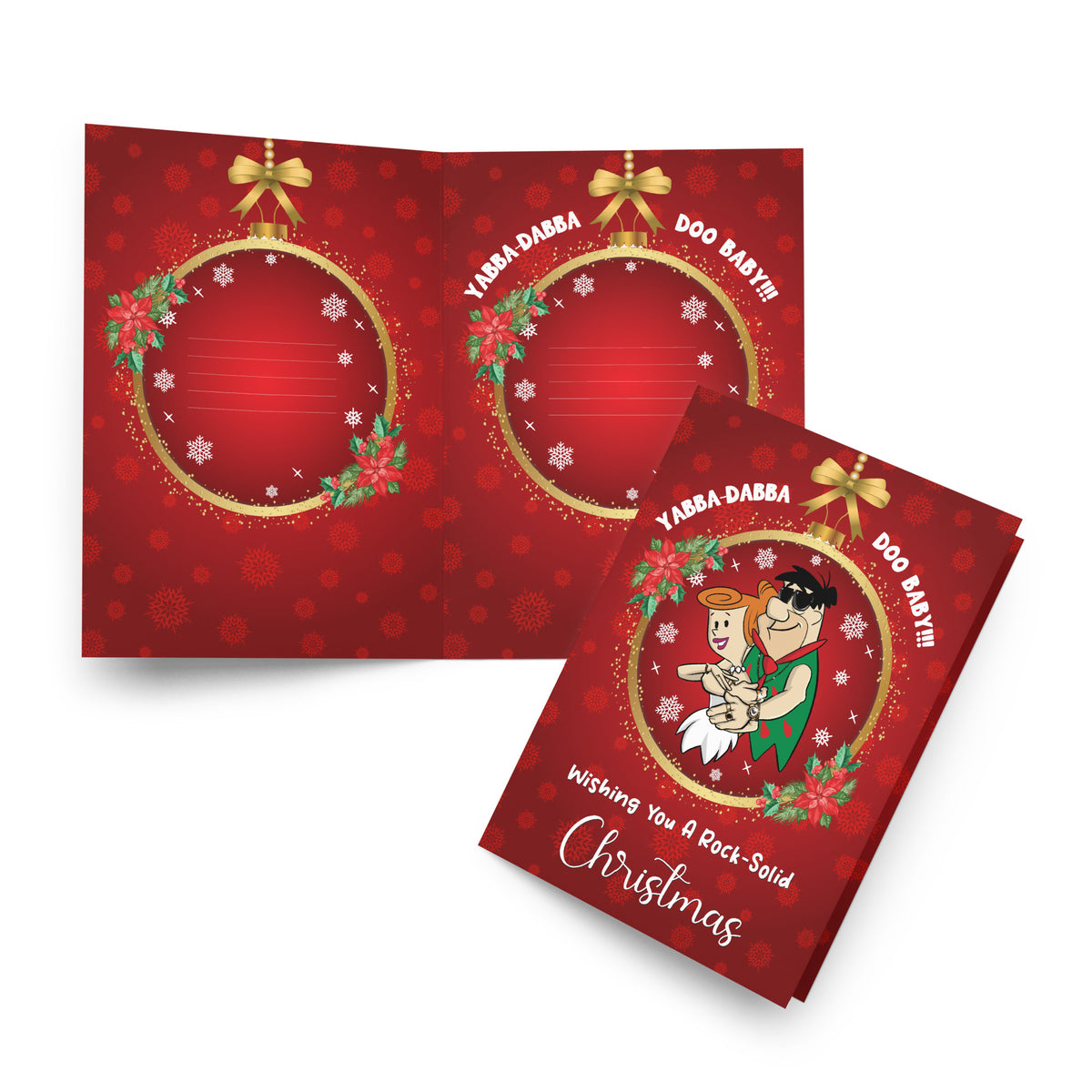 Fred and Wilma Flintstone inspired Christmas card with festive red background and Yabba Dabba Doo Baby holiday message