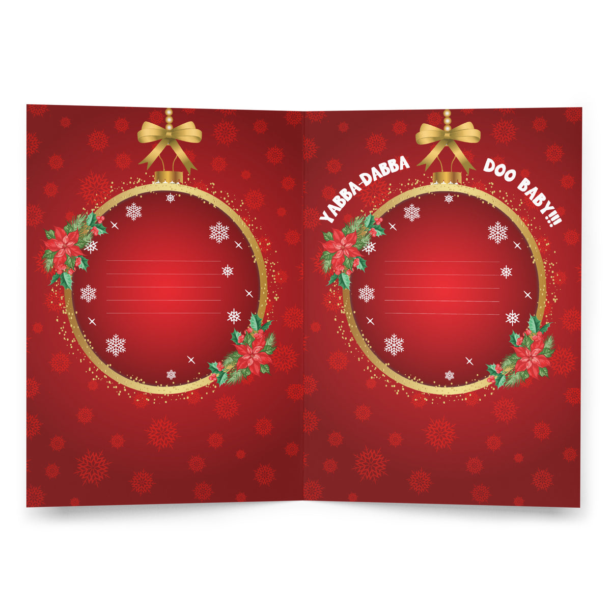 Inside the Fred and Wilma Flintstone inspired Christmas card with festive red background and Yabba Dabba Doo Baby holiday message