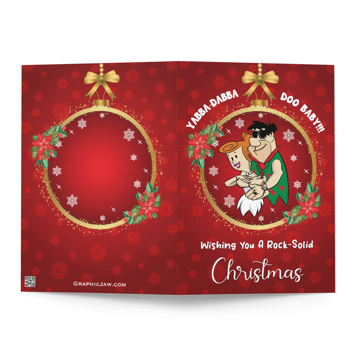 Fred and Wilma Flintstone inspired Christmas card with festive red background and Yabba Dabba Doo Baby holiday message