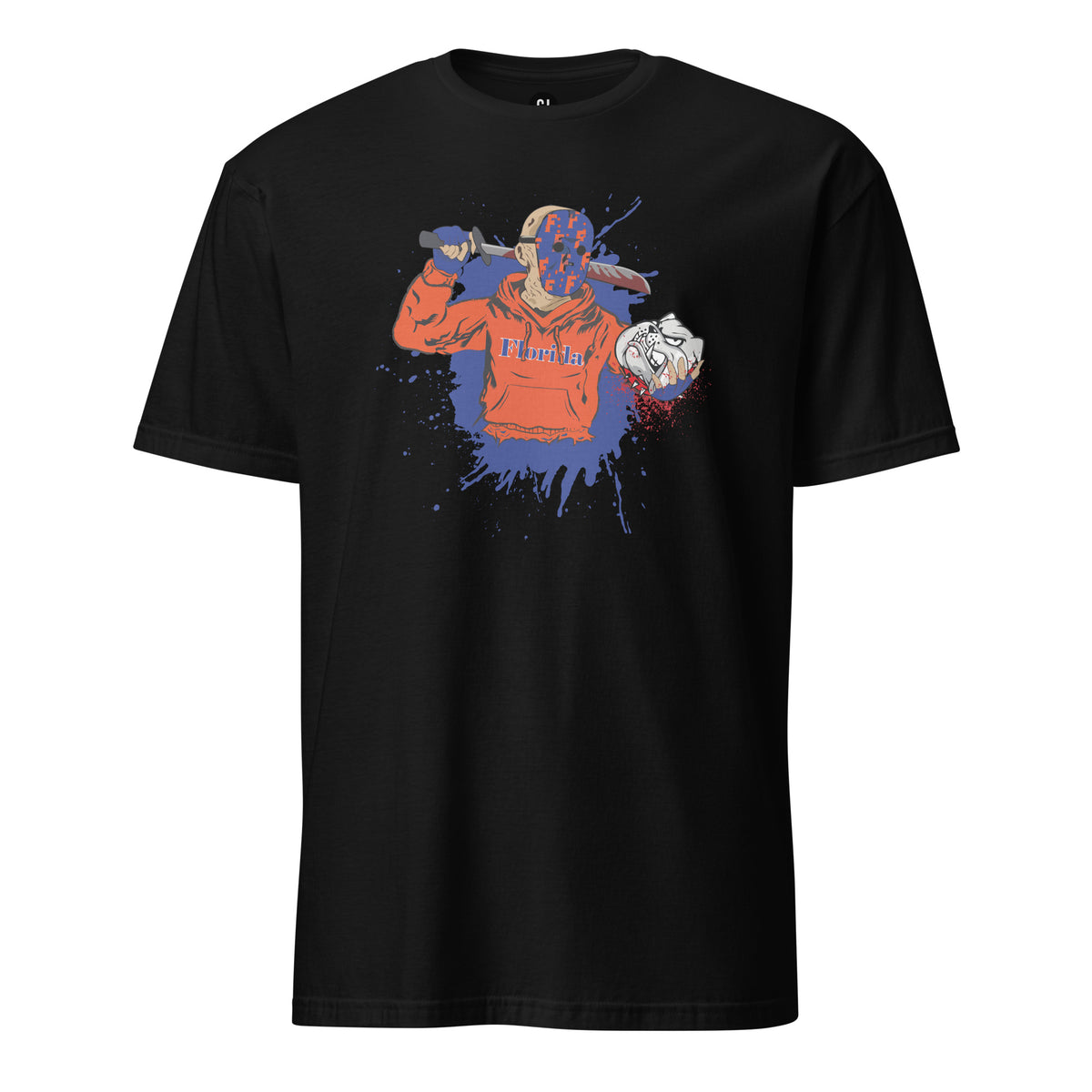 Black Gator-inspired Halloween rivalry graphic T-shirt featuring a horror slasher design in bold orange and blue colors