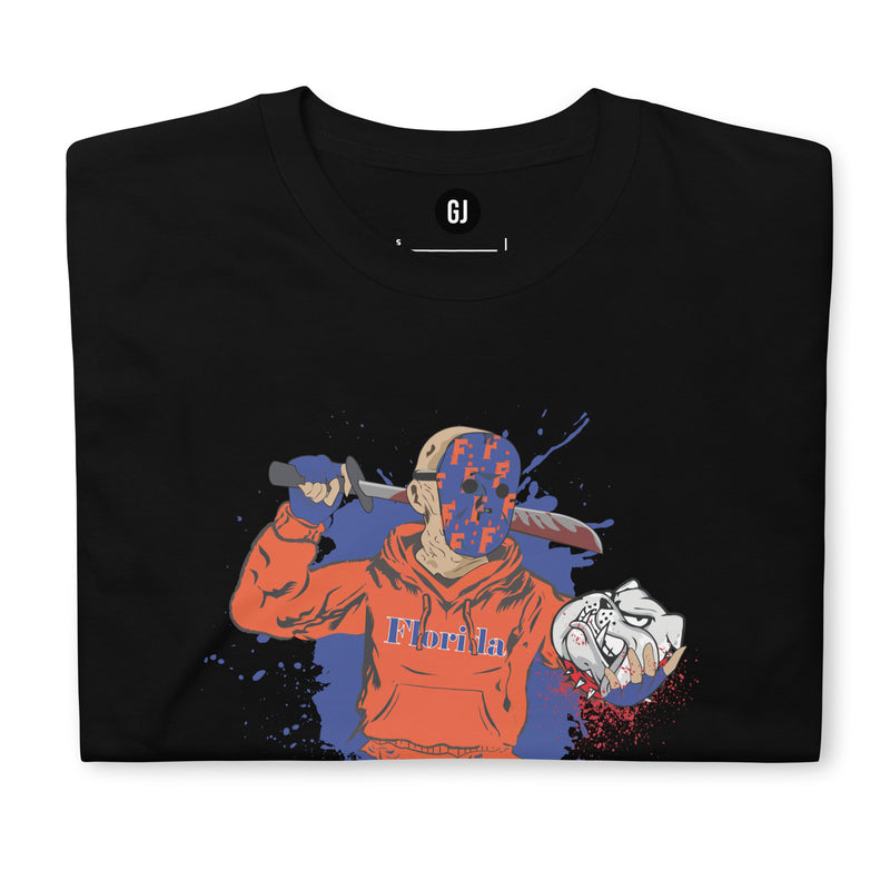 Gator-inspired Halloween rivalry graphic T-shirt featuring a horror slasher design in bold orange and blue colors