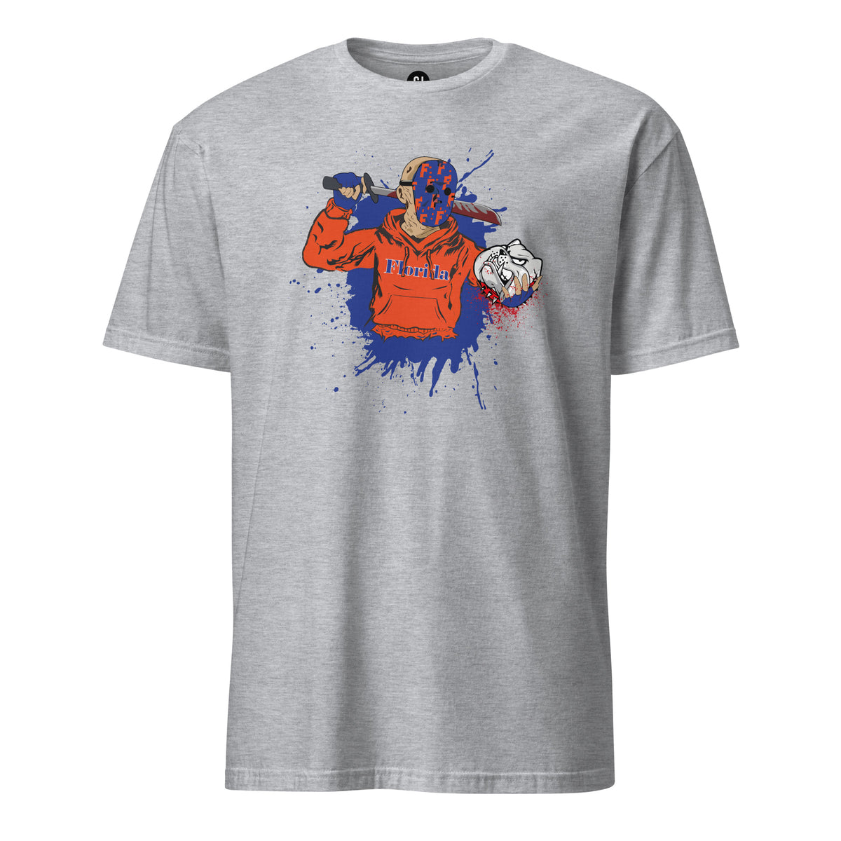 Sport Grey Gator-inspired Halloween rivalry graphic T-shirt featuring a horror slasher design in bold orange and blue colors