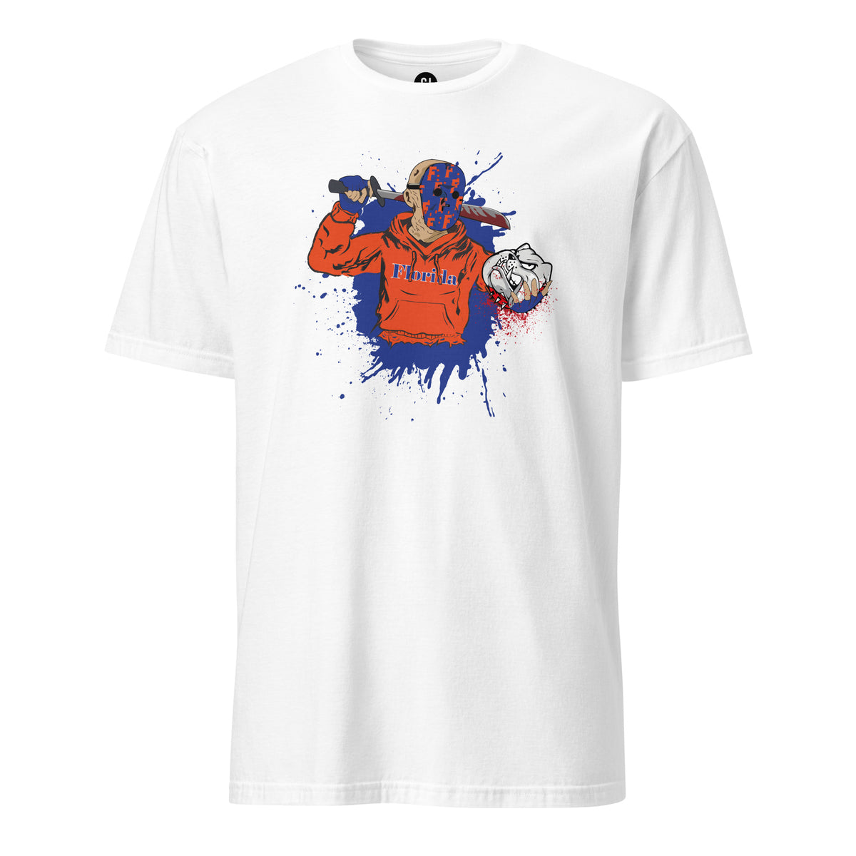 White Gator-inspired Halloween rivalry graphic T-shirt featuring a horror slasher design in bold orange and blue colors