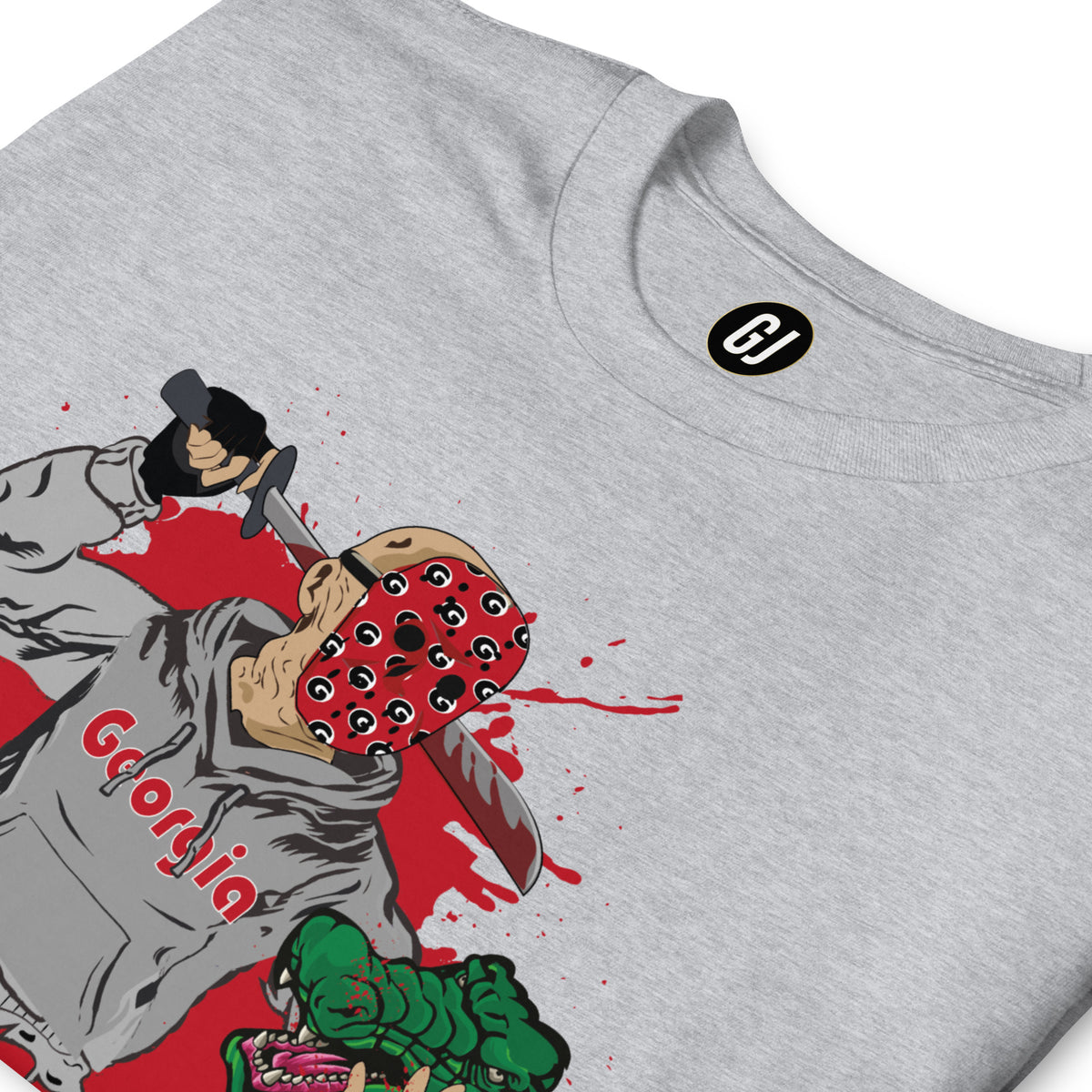 Grey rivalry game day T-shirt with Georgia-inspired Halloween graphic and red splatter design