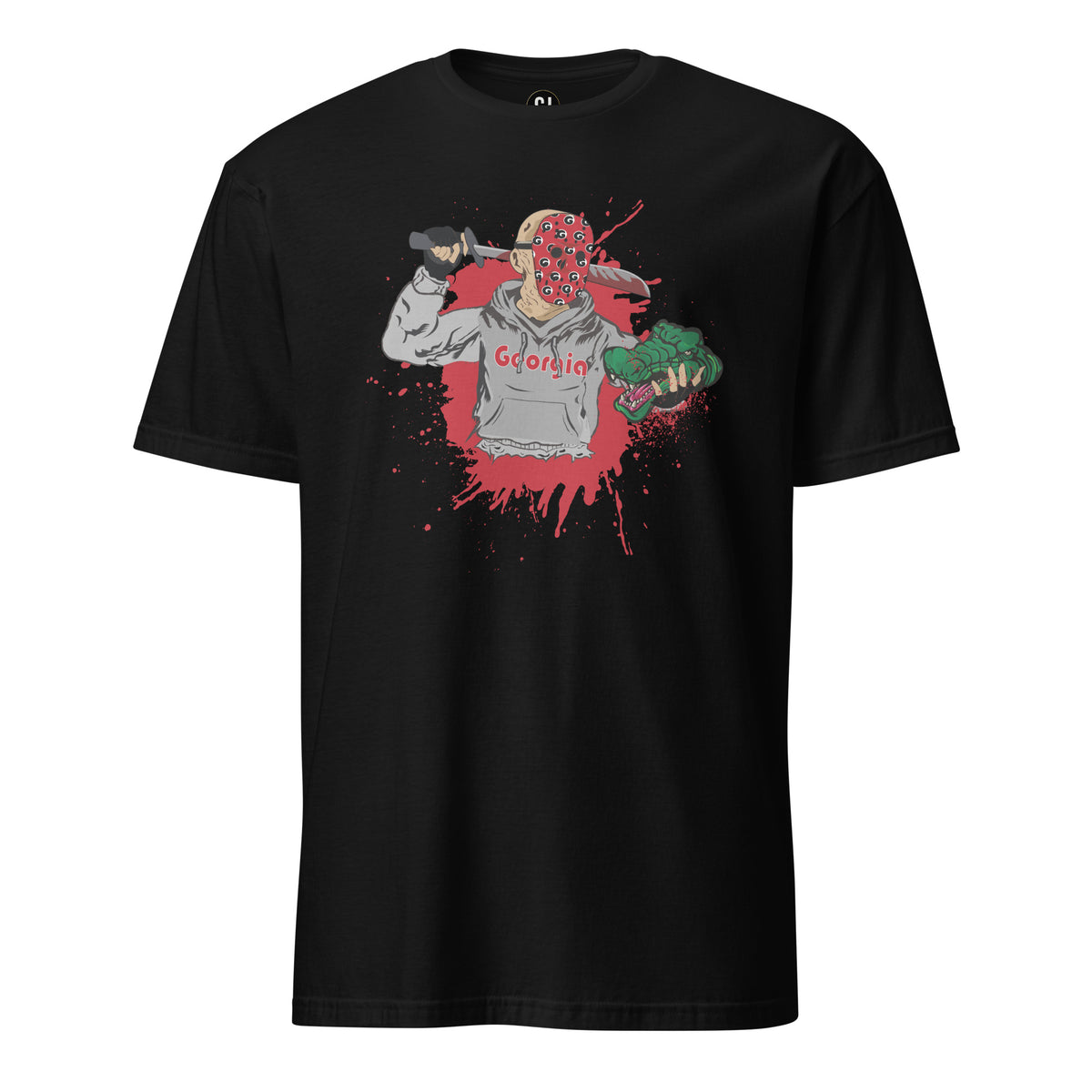 Black rivalry game day T-shirt with Georgia-inspired Halloween graphic and red splatter design