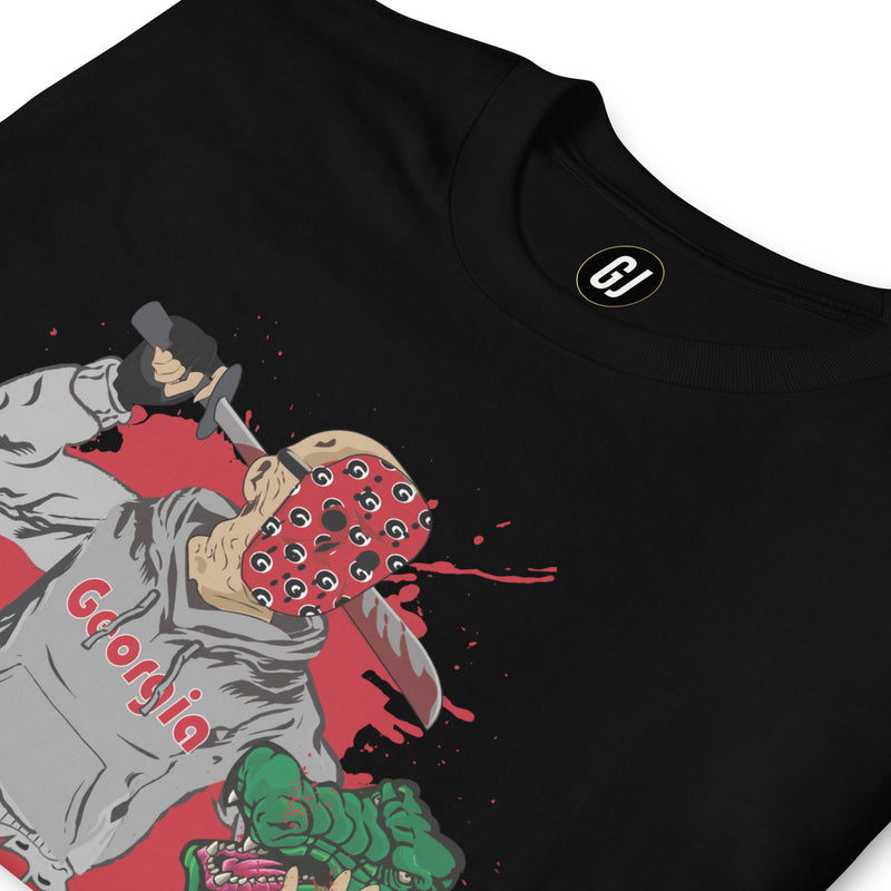 Black rivalry game day T-shirt with Georgia-inspired Halloween graphic and red splatter design