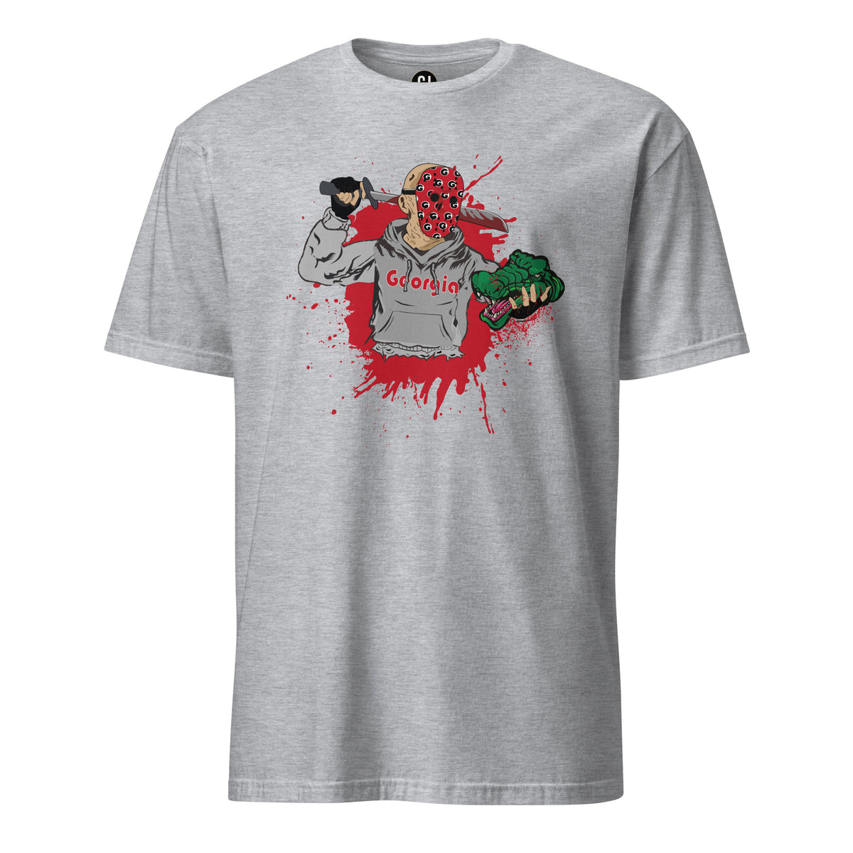 Grey rivalry game day T-shirt with Georgia-inspired Halloween graphic and red splatter design
