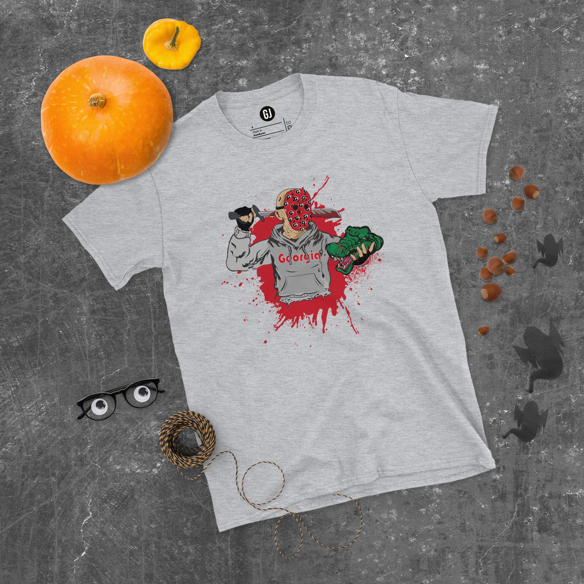 Grey rivalry game day T-shirt with Georgia-inspired Halloween graphic and red splatter design