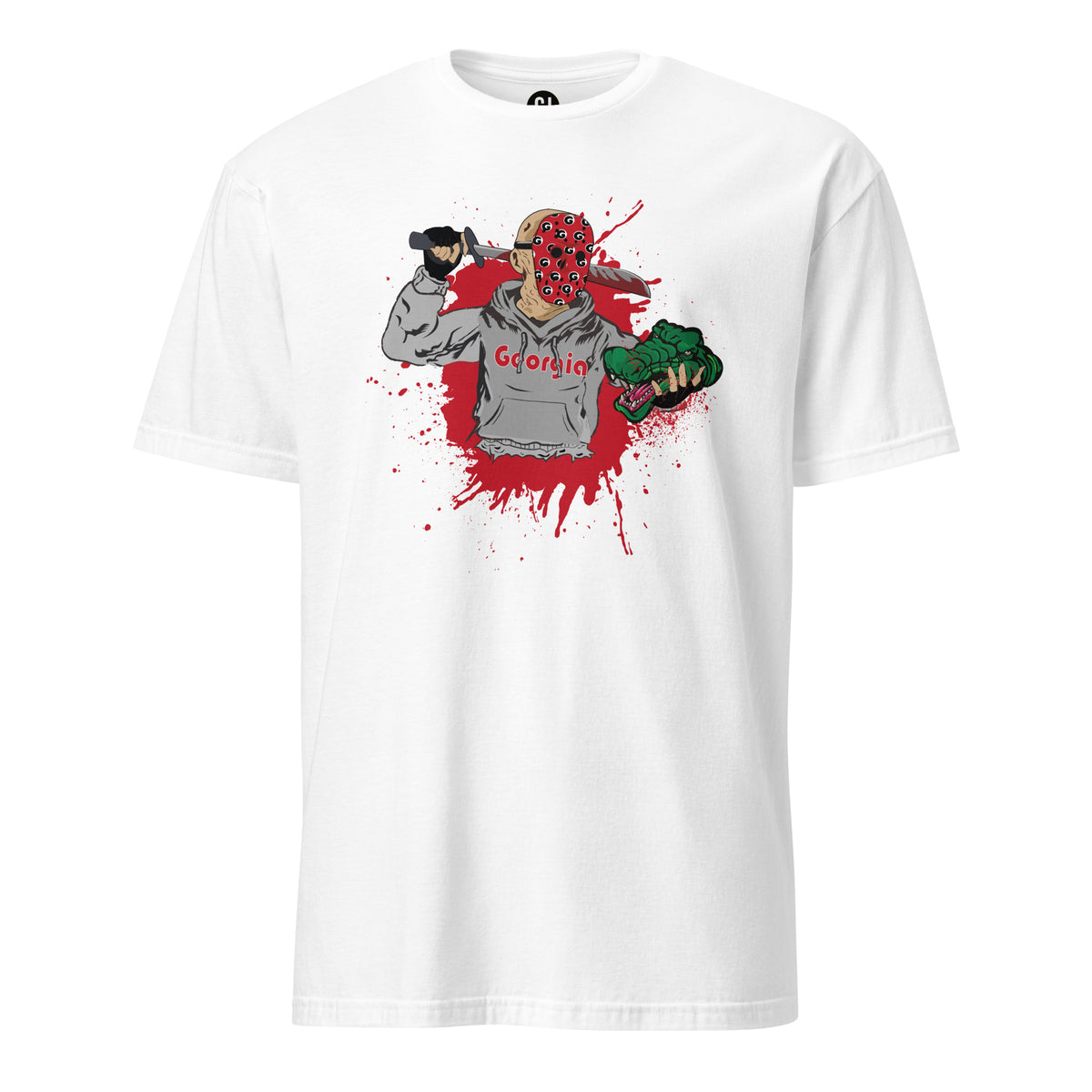 White rivalry game day T-shirt with Georgia-inspired Halloween graphic and red splatter design