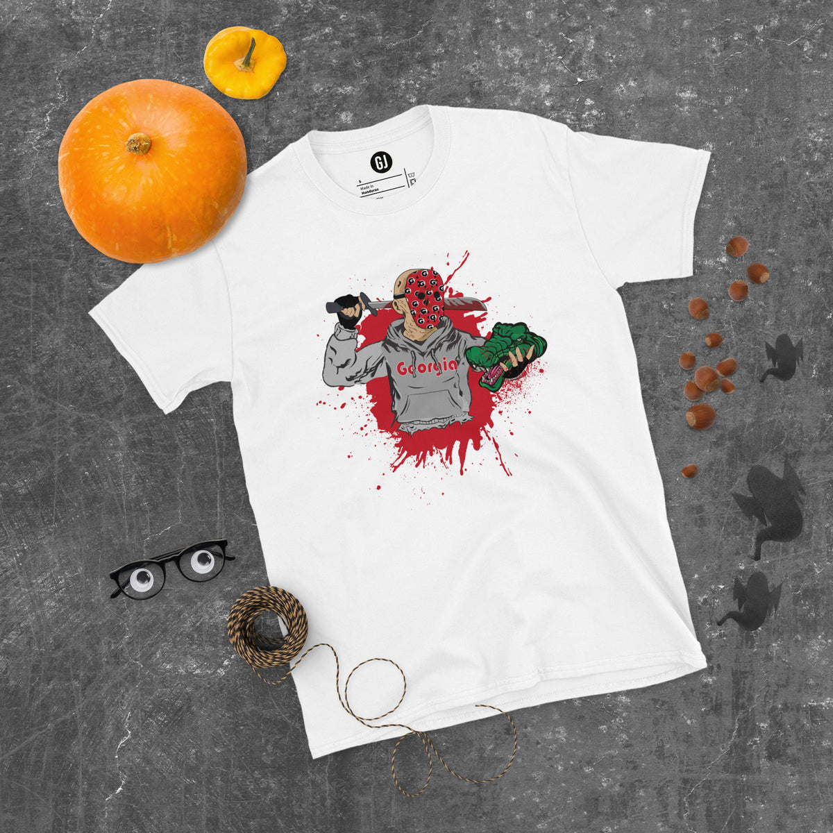 White rivalry game day T-shirt with Georgia-inspired Halloween graphic and red splatter design