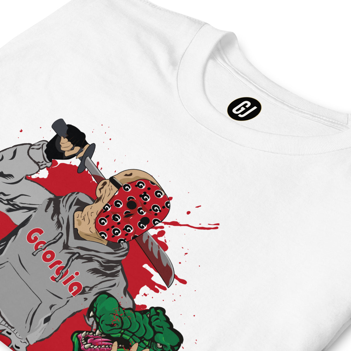 White rivalry game day T-shirt with Georgia-inspired Halloween graphic and red splatter design