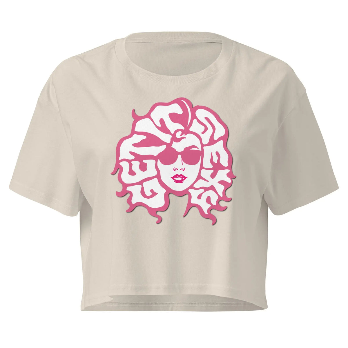 Bone women’s crop top with pink “Get It Sexy” graphic face design