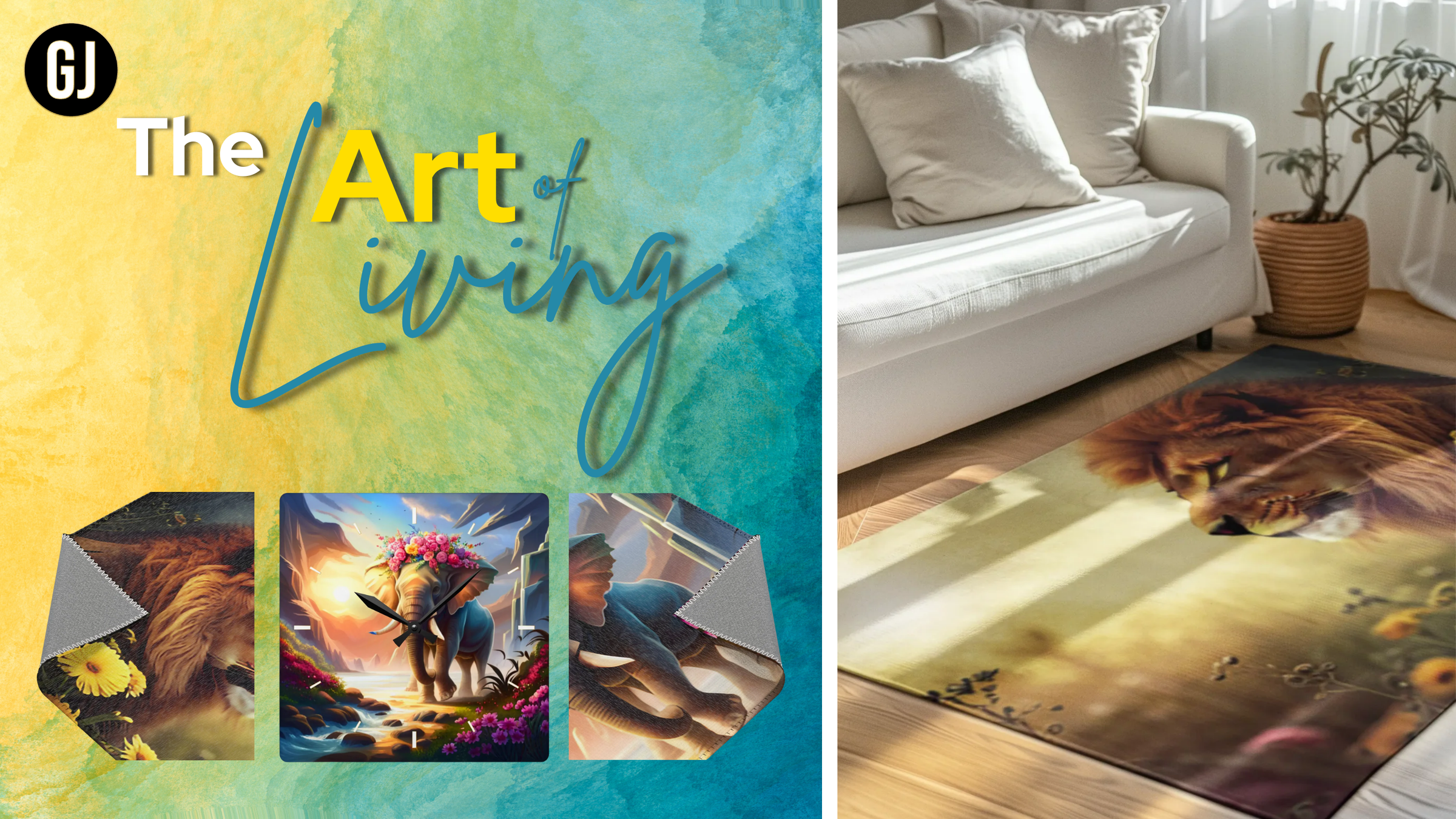 Graphic Jaw banner featuring ‘The Art of Living’ theme with artistic rugs and wall art in a cozy living room setting