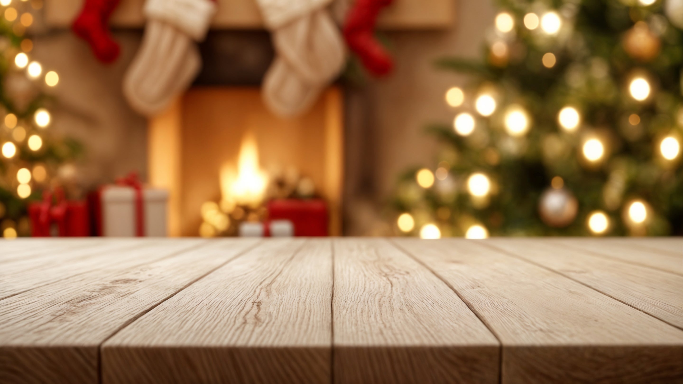 Festive Christmas banner featuring cozy fireplace, stockings, and tree lights with the message ‘Celebrate the Season with Style & Laughter – Graphic Jaw Holiday Collection