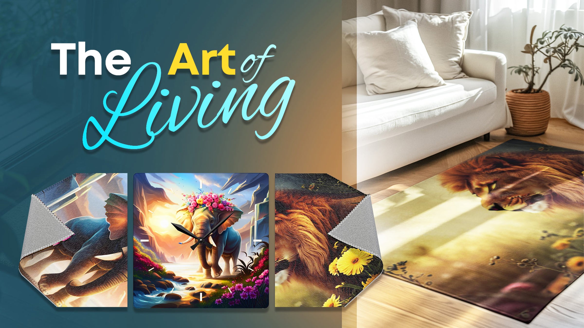 Graphic Jaw Home and Living banner featuring the phrase ‘The Art of Living,’ with vibrant artwork including an elephant with floral accents, a majestic lion rug, and home décor pieces displayed in a modern living room
