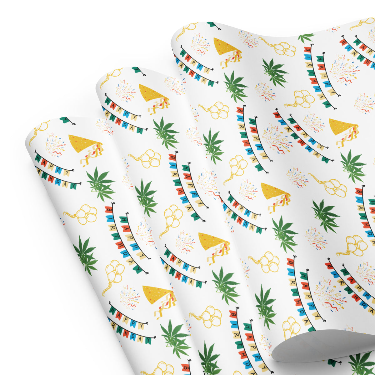 White cannabis-themed birthday wrapping paper with colorful banners, party hats, confetti, balloons, and green leaves