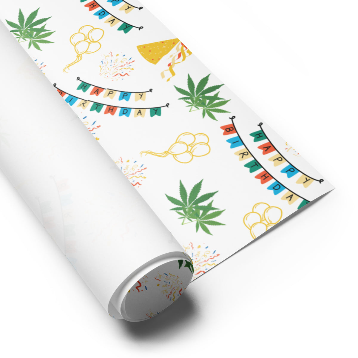 White cannabis-themed birthday wrapping paper with colorful banners, party hats, confetti, balloons, and green leaves