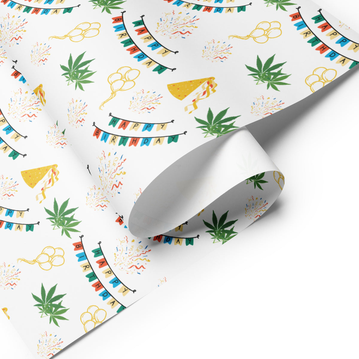 White cannabis-themed birthday wrapping paper with colorful banners, party hats, confetti, balloons, and green leaves