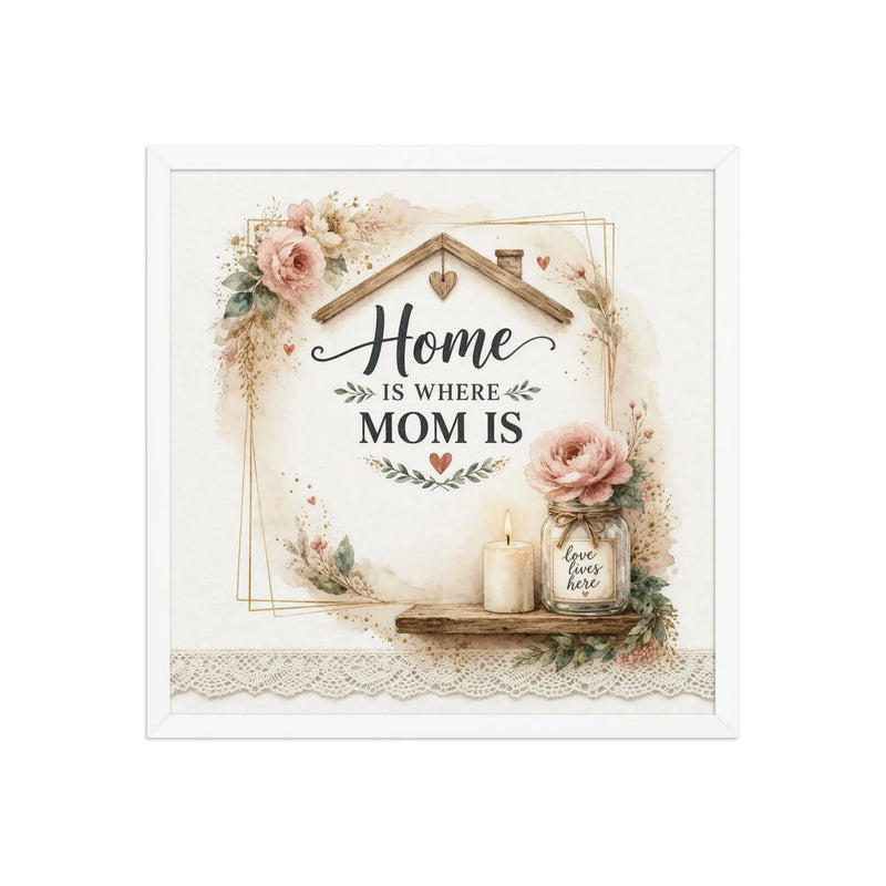 Home Is Where Mom Is white framed poster wall art with soft floral design and rustic home-inspired accents
