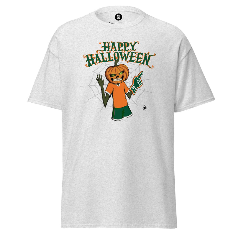Ash Hurricane-inspired Halloween T-shirt featuring a pumpkin-headed football fan with green and orange game-day accents and Happy Halloween text