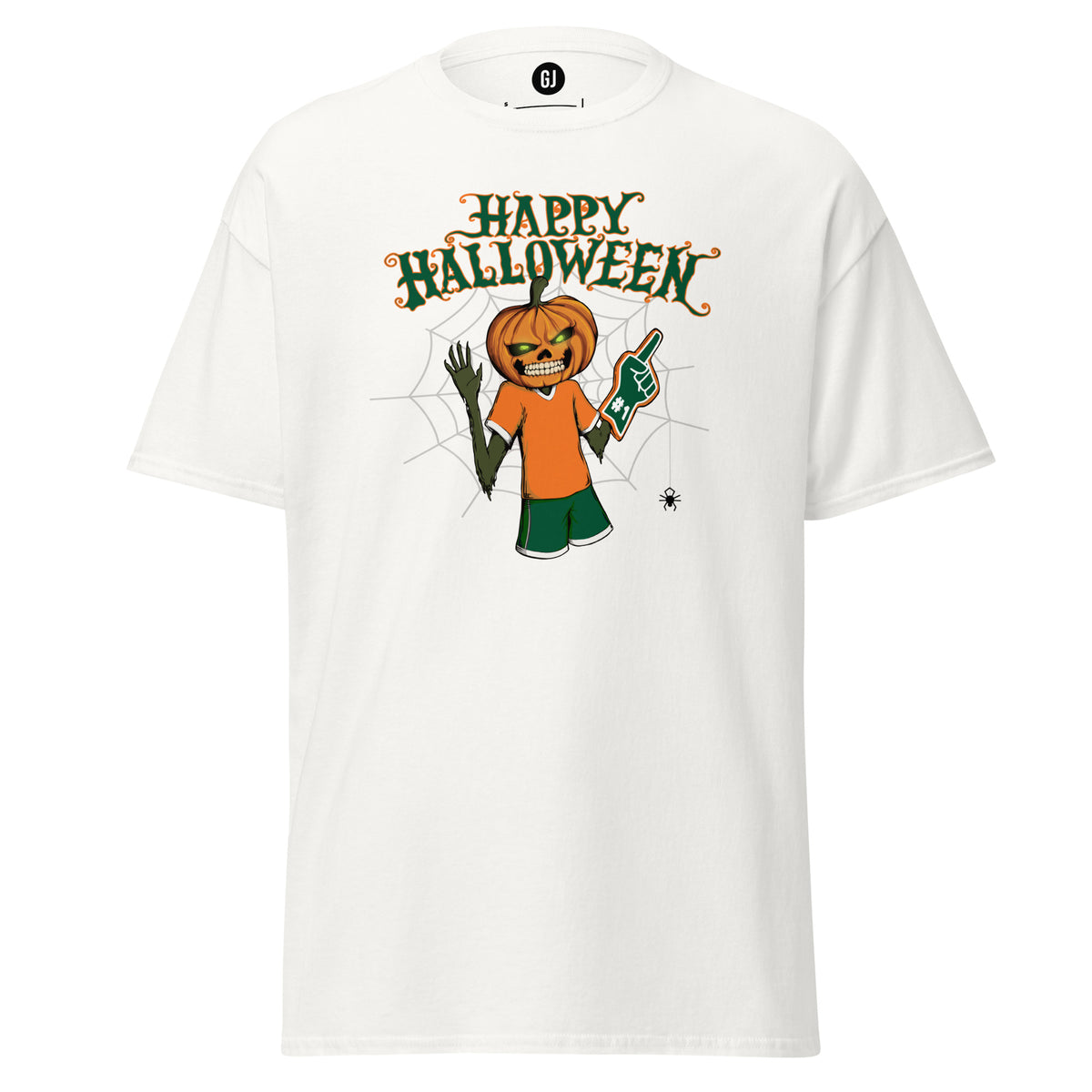 White Hurricane-inspired Halloween T-shirt featuring a pumpkin-headed football fan with green and orange game-day accents and Happy Halloween text