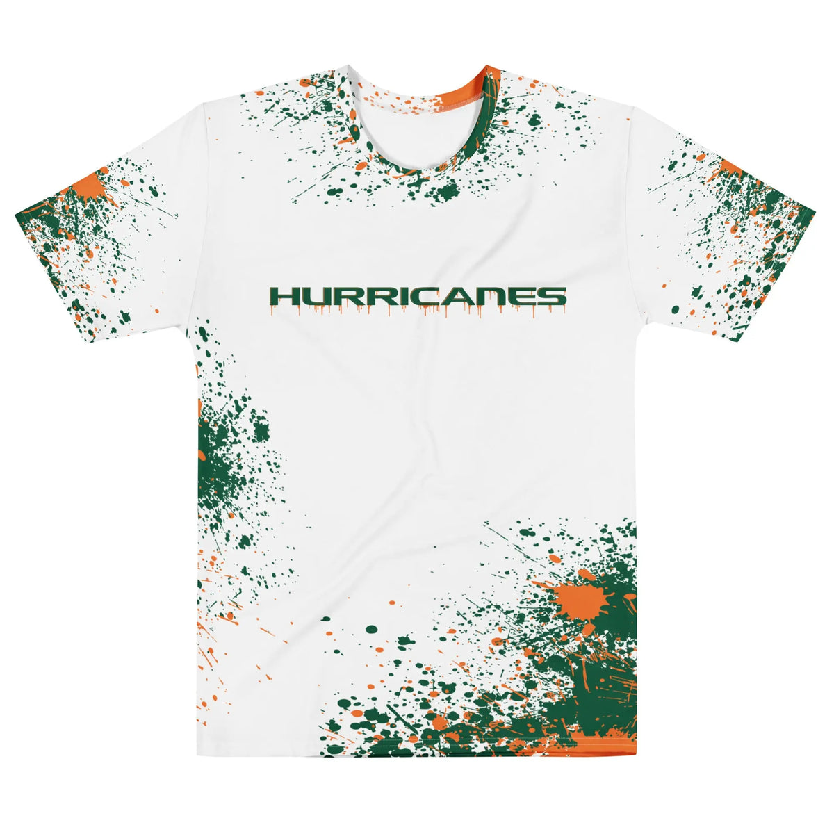 Green and orange Hurricanes-inspired splatter graphic T-shirt with an all-over paint splash design