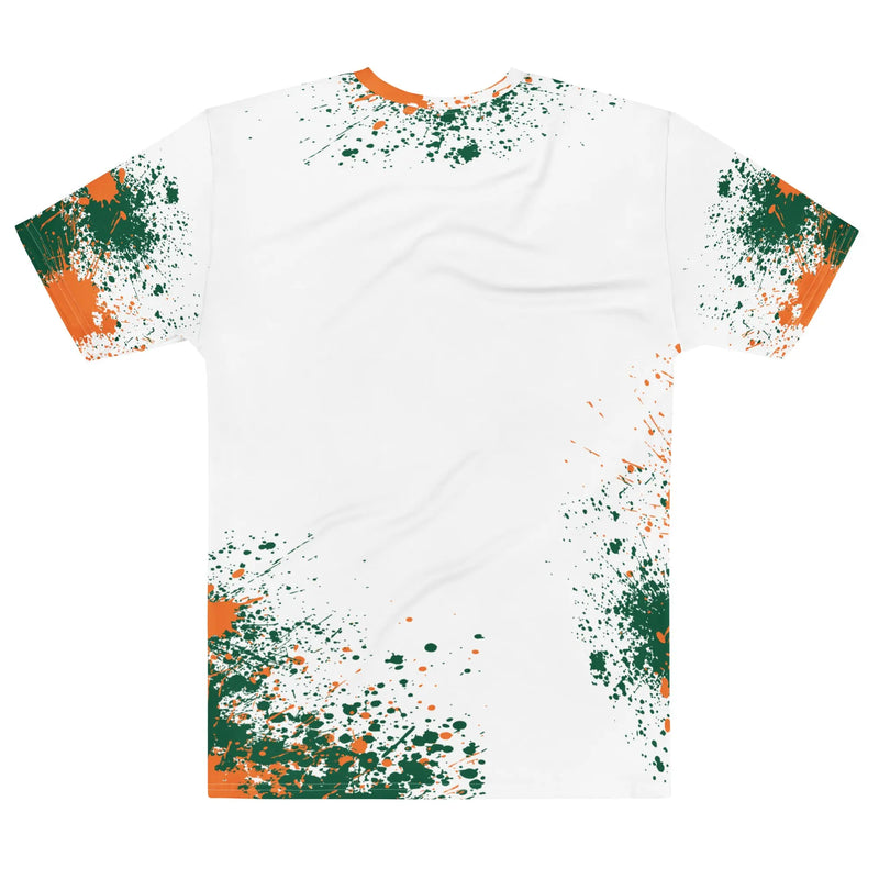 Back image of the Green and orange Hurricanes-inspired splatter graphic T-shirt with an all-over paint splash design