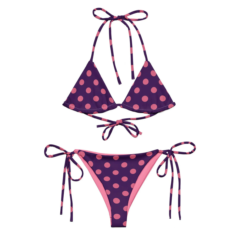 Lila and Azalea polka dot two-piece string bikini with triangle top and tie-side bottoms