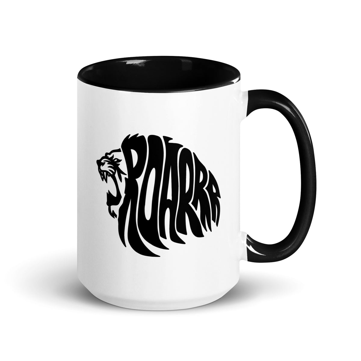 Ceramic coffee mug with ROAR lion head design and colored interior, rim, and handle