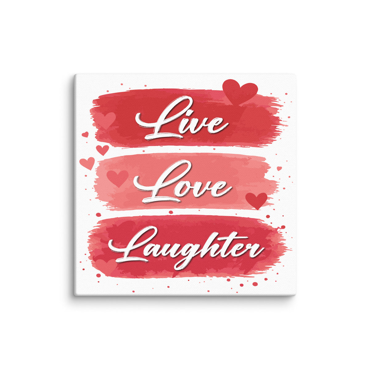 Live Love Laughter canvas print with red hearts and romantic typography wall art