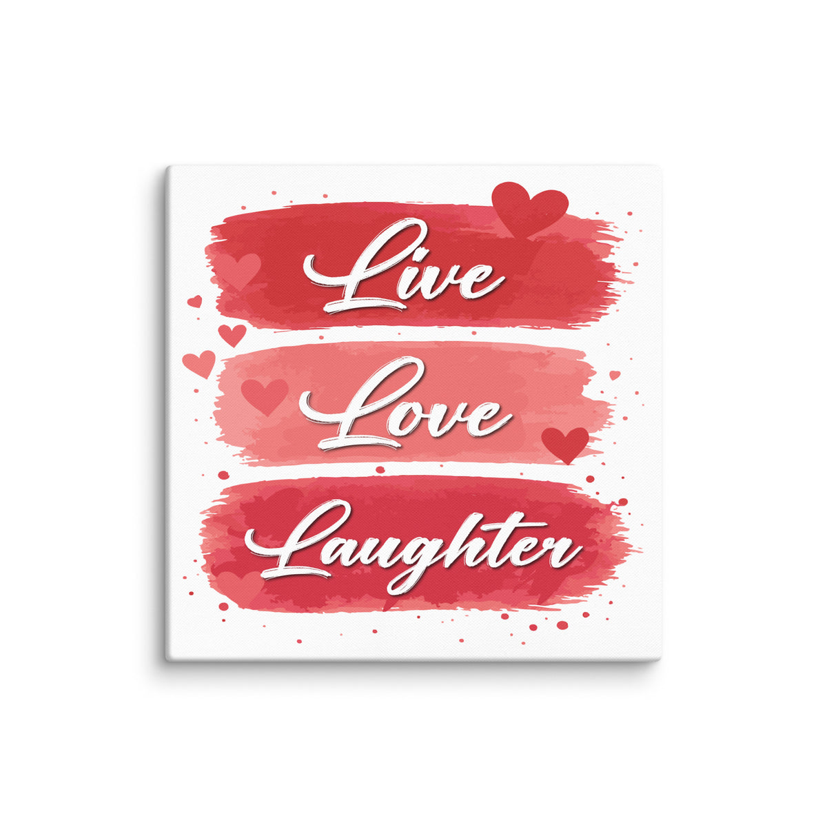 Live Love Laughter canvas print with red hearts and romantic typography wall art