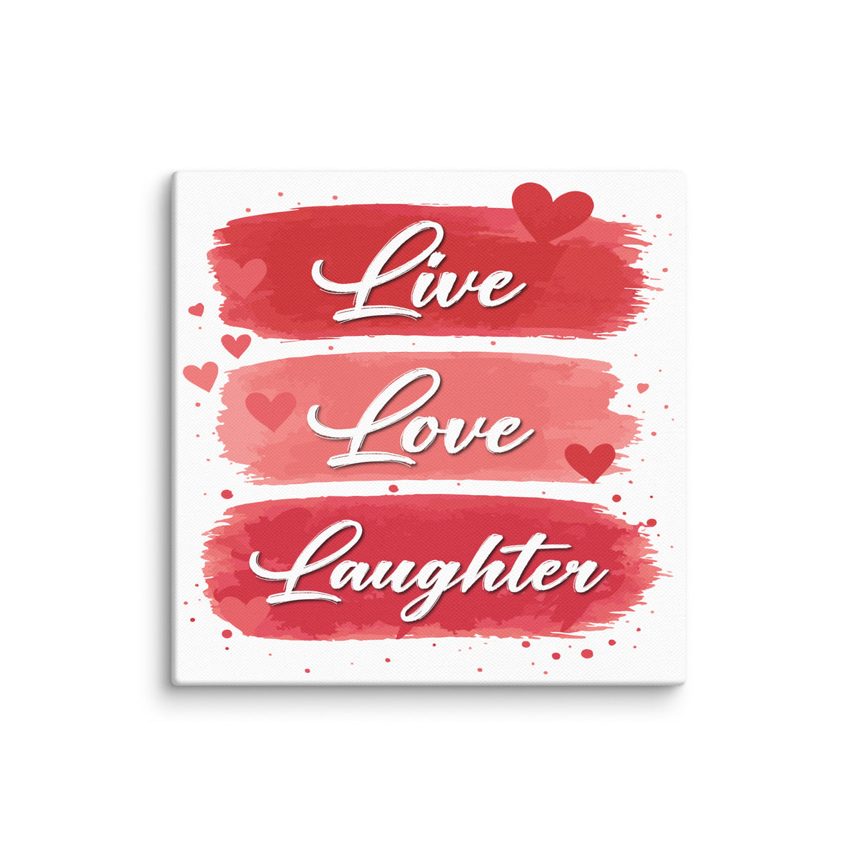 Live Love Laughter canvas print with red hearts and romantic typography wall art