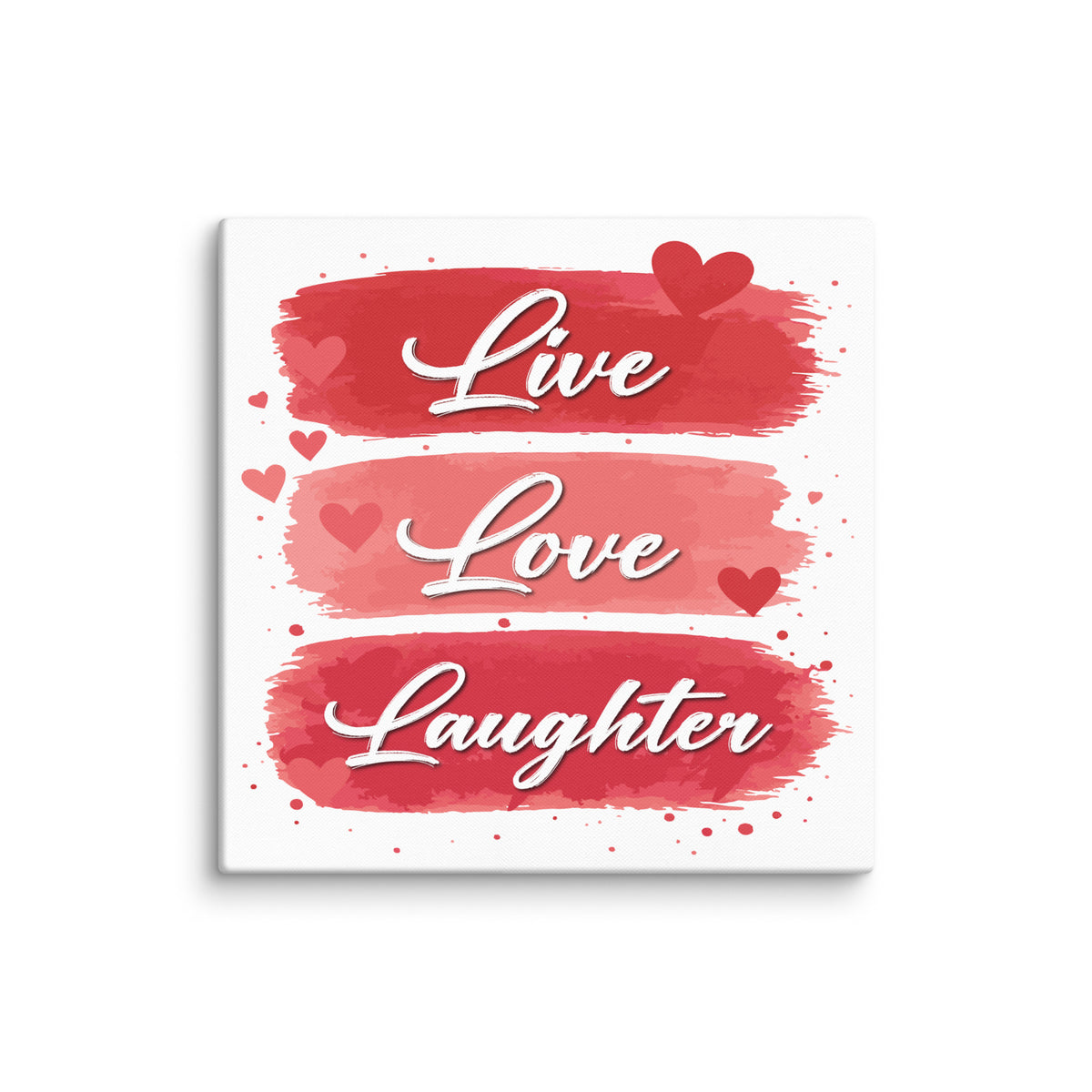 Live Love Laughter canvas print with red hearts and romantic typography wall art