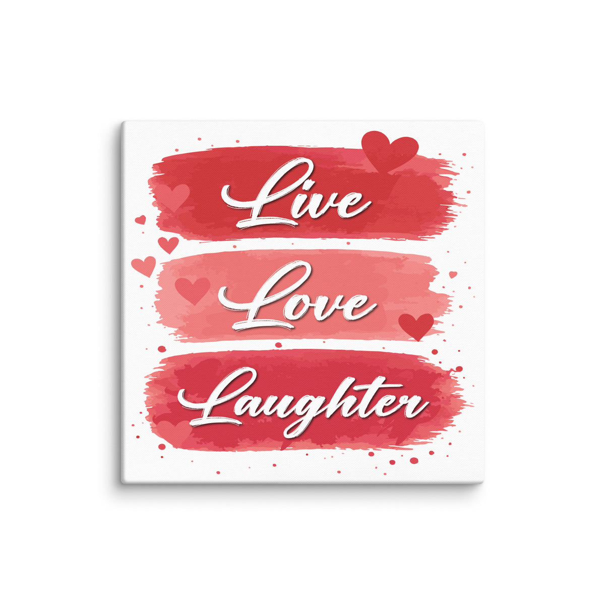 Live Love Laughter canvas print with red hearts and romantic typography wall art