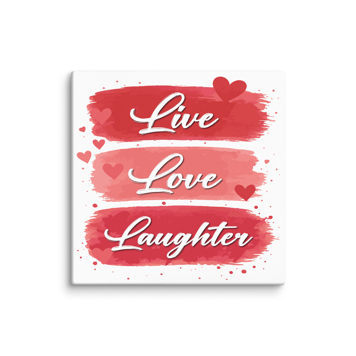 Live Love Laughter canvas print with red hearts and romantic typography wall art