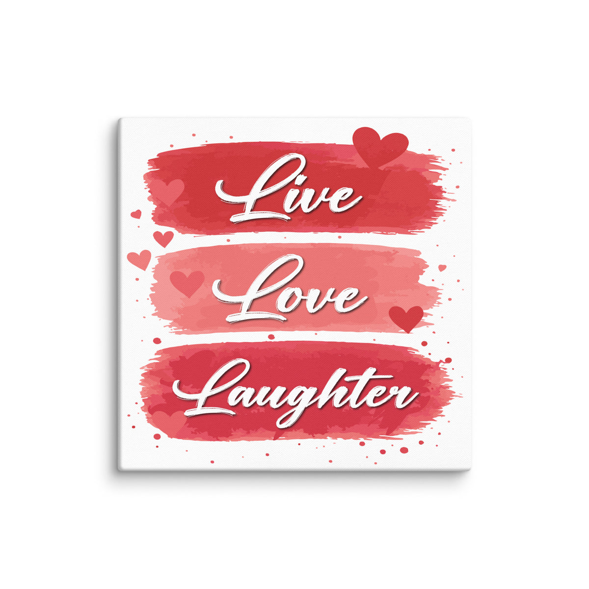 Live Love Laughter canvas print with red hearts and romantic typography wall art