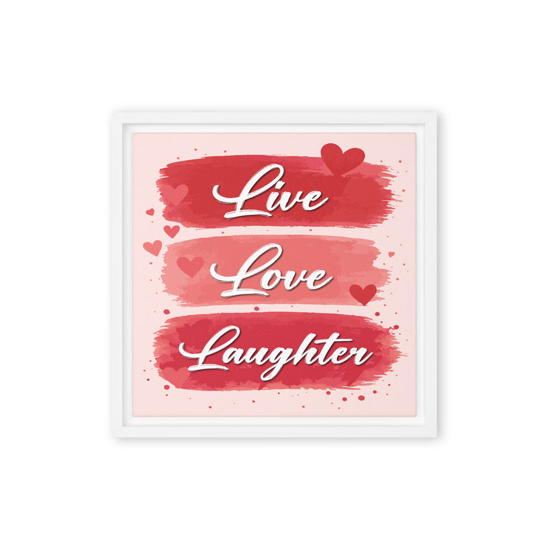 Live Love Laughter white framed canvas wall art with red hearts and romantic brushstroke design