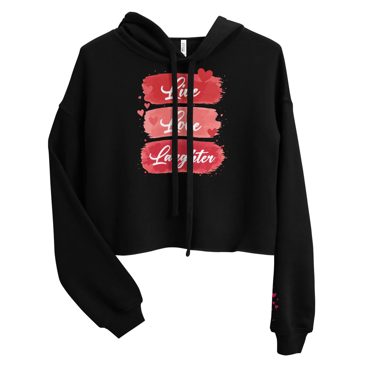 Black cropped hoodie with red Live Love Laughter heart design