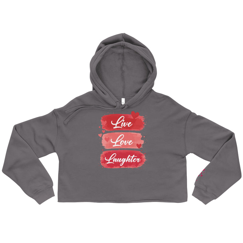 Gray hoodie with red text 'Live Love Laughter' on a white background